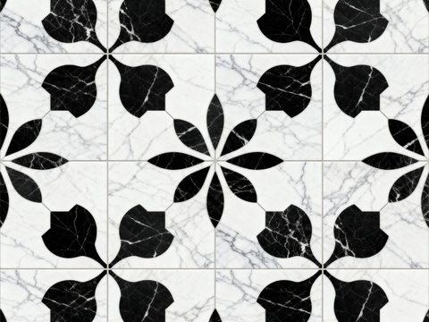 现代花砖 黑白石材拼花 花卉几何图案水刀石材拼花 石材马赛克
