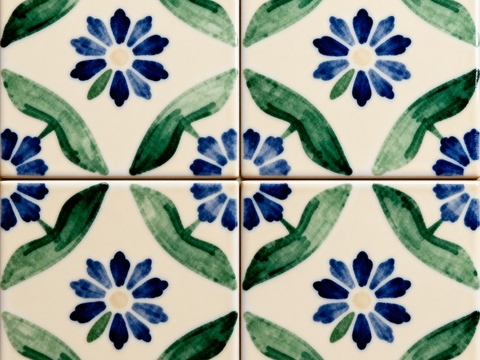 田园风 蓝绿色花砖 绿色手绘艺术花砖 工艺砖 花纹图案花砖