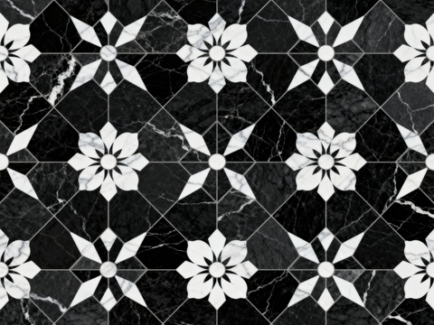  现代花砖 黑白石材拼花 花卉几何图案水刀石材拼花 石材马赛克 