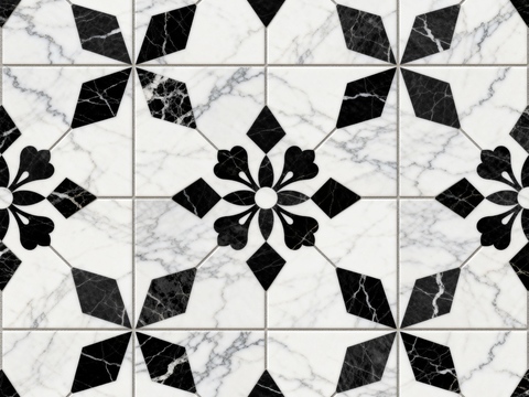 现代花砖 黑白石材拼花 花卉几何图案水刀石材拼花 石材马赛克