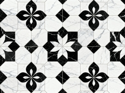  现代花砖 黑白石材拼花 花卉几何图案水刀石材拼花 石材马赛克 
