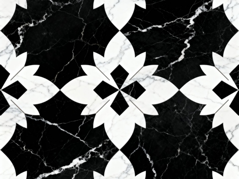 现代花砖 黑白石材拼花 花卉几何图案水刀石材拼花 石材马赛克