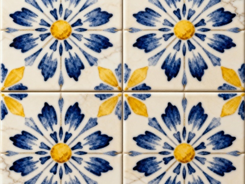  田园风 蓝黄米白色花砖 蓝黄手绘艺术花砖 工艺砖 