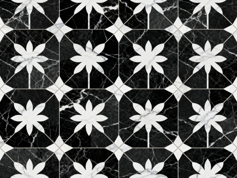 现代花砖 黑白石材拼花 花卉几何图案水刀石材拼花 石材马赛克