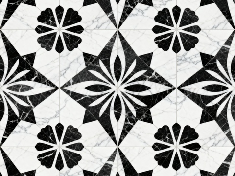  现代花砖 黑白石材拼花 花卉几何图案水刀石材拼花 石材马赛克 