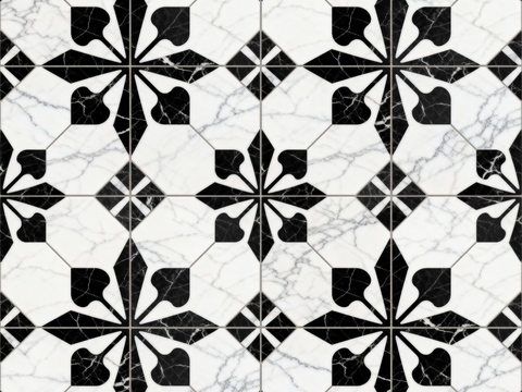  现代花砖 黑白石材拼花 花卉几何图案水刀石材拼花 石材马赛克 