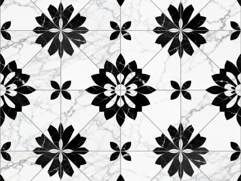  现代花砖 黑白石材拼花 花卉几何图案水刀石材拼花 石材马赛克 