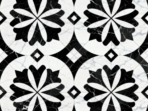  现代花砖 黑白石材拼花 花卉几何图案水刀石材拼花 石材马赛克 