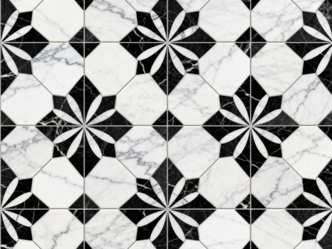 现代花砖 黑白石材拼花 花卉几何图案水刀石材拼花 石材马赛克