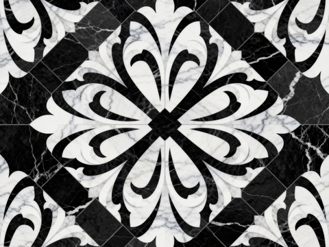  现代花砖 黑白石材拼花 花卉几何图案水刀石材拼花 石材马赛克 