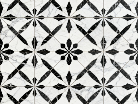  现代花砖 黑白石材拼花 花卉几何图案水刀石材拼花 石材马赛克 