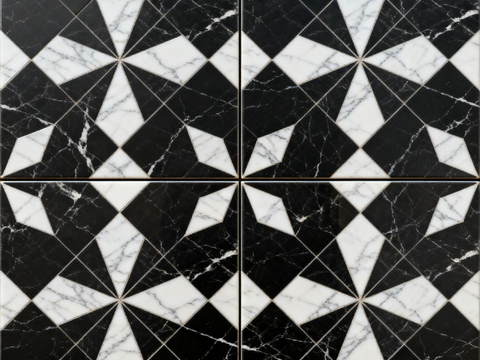 现代花砖 黑白石材拼花 花卉几何图案水刀石材拼花 石材马赛克