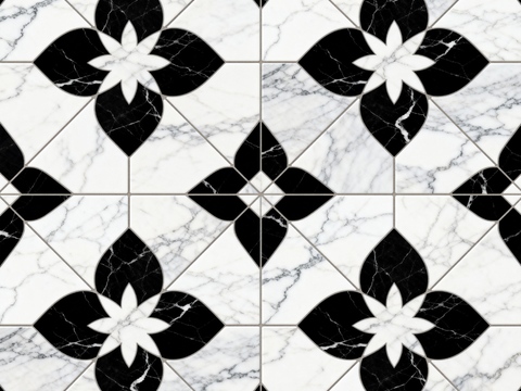 现代花砖 黑白石材拼花 花卉几何图案水刀石材拼花 石材马赛克