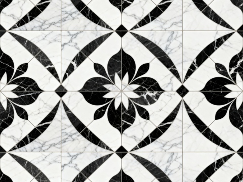  现代花砖 黑白石材拼花 花卉几何图案水刀石材拼花 石材马赛克 