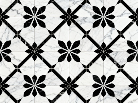  现代花砖 黑白石材拼花 花卉几何图案水刀石材拼花 石材马赛克 