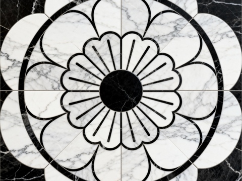 轻奢黑白拼花大理石 黑白石材圆形拼花 玄关圆形拼花