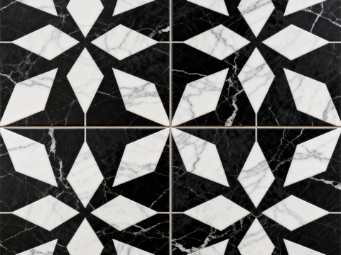 现代花砖 黑白石材拼花 花卉几何图案水刀石材拼花 石材马赛克