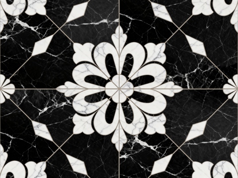  现代花砖 黑白石材拼花 花卉几何图案水刀石材拼花 石材马赛克 