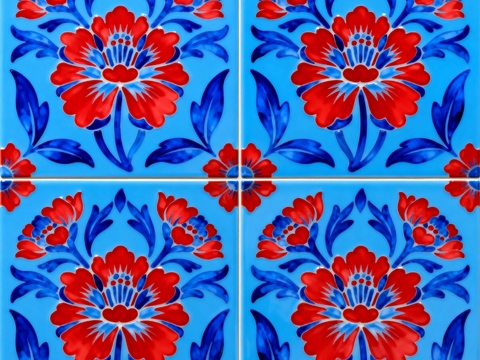 中古风 诧寂风工业风蓝红白色花砖 花卉图案手工瓷砖