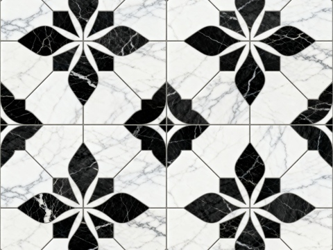  现代花砖 黑白石材拼花 花卉几何图案水刀石材拼花 石材马赛克 