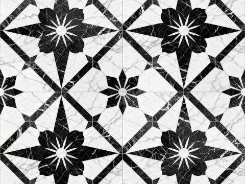 现代花砖 黑白石材拼花 花卉几何图案水刀石材拼花 石材马赛克