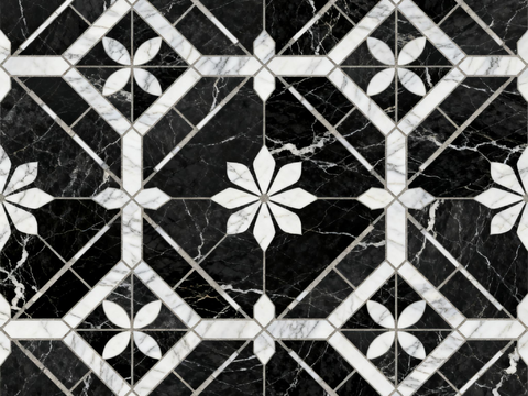  现代花砖 黑白石材拼花 花卉几何图案水刀石材拼花 石材马赛克 
