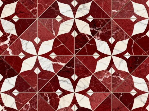 红白石材拼花 花卉几何图案水切刀拼花地砖 轻奢红白拼花大理石 