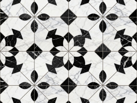  现代花砖 黑白石材拼花 花卉几何图案水刀石材拼花 石材马赛克 
