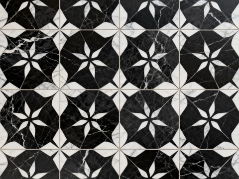  现代花砖 黑白石材拼花 花卉几何图案水刀石材拼花 石材马赛克 