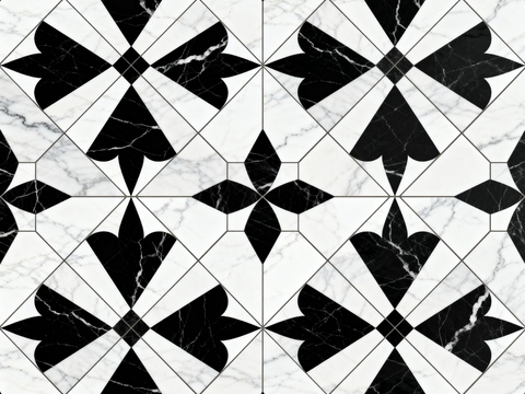 现代花砖 黑白石材拼花 花卉几何图案水刀石材拼花 石材马赛克