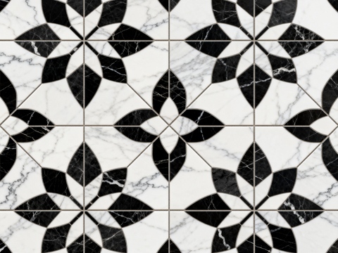 现代花砖 黑白石材拼花 花卉几何图案水刀石材拼花 石材马赛克