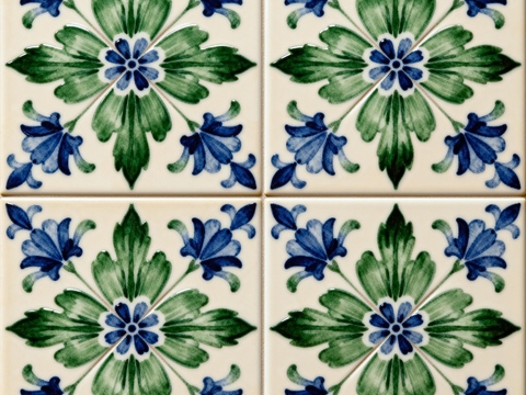 田园风 蓝绿色花砖 绿色手绘艺术花砖 工艺砖 花纹图案花砖