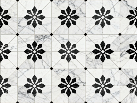  现代花砖 黑白石材拼花 花卉几何图案水刀石材拼花 石材马赛克 