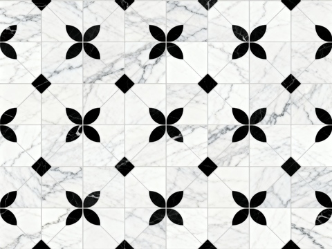  现代花砖 黑白石材拼花 花卉几何图案水刀石材拼花 石材马赛克 