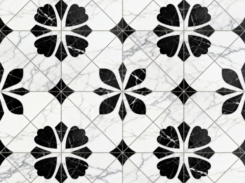  现代花砖 黑白石材拼花 花卉几何图案水刀石材拼花 石材马赛克 