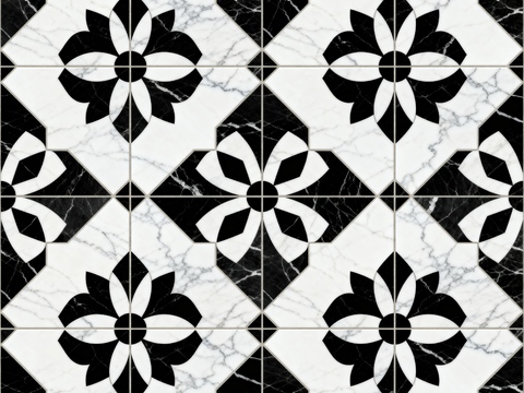  现代花砖 黑白石材拼花 花卉几何图案水刀石材拼花 石材马赛克 