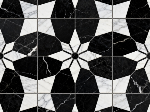 现代花砖 黑白石材拼花 花卉几何图案水刀石材拼花 石材马赛克