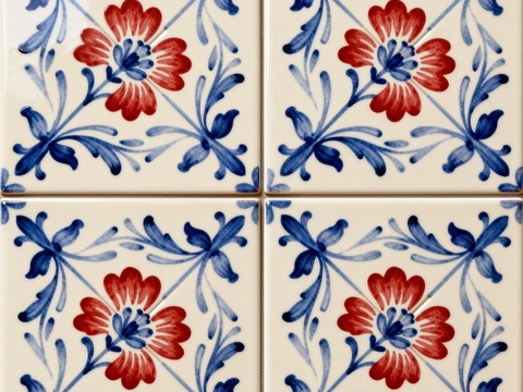 中古风 诧寂风工业风蓝红白色花砖 花卉图案手工瓷砖