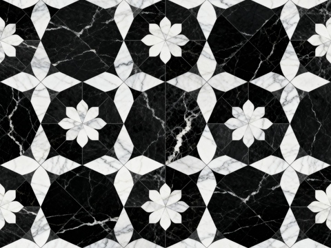  现代花砖 黑白石材拼花 花卉几何图案水刀石材拼花 石材马赛克 