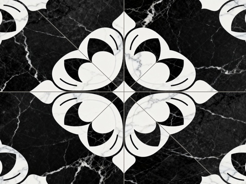 现代花砖 黑白石材拼花 花卉几何图案水刀石材拼花 玄关拼花