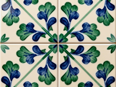 田园风 蓝绿色花砖 绿色手绘艺术花砖 工艺砖 花纹图案花砖