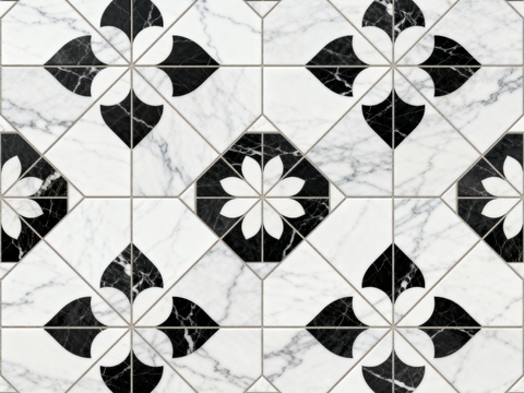  现代花砖 黑白石材拼花 花卉几何图案水刀石材拼花 石材马赛克 