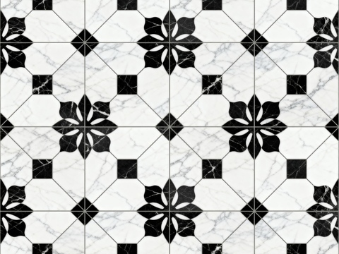  现代花砖 黑白石材拼花 花卉几何图案水刀石材拼花 石材马赛克 