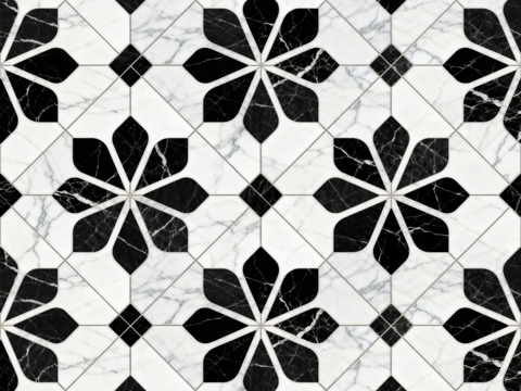  现代花砖 黑白石材拼花 花卉几何图案水刀石材拼花 石材马赛克 