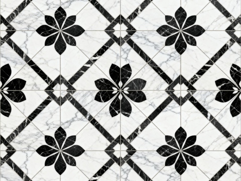  现代花砖 黑白石材拼花 花卉几何图案水刀石材拼花 石材马赛克 