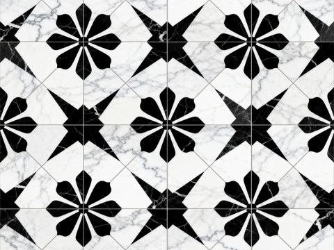  中古风 黑白石材拼花 几何水刀石材拼花地砖 石材马赛克 花砖 