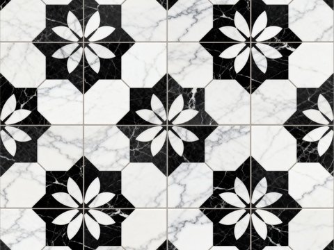  中古风 黑白石材拼花 几何水刀石材拼花地砖 石材马赛克 花砖 