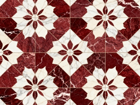  红白石材拼花 花卉几何图案水切刀拼花地砖 轻奢红白拼花大理石 