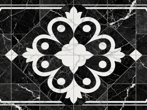  中古风 黑白石材拼花 几何水刀石材拼花地砖 石材马赛克 花砖 