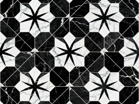  中古风 黑白石材拼花 几何水刀石材拼花地砖 石材马赛克 花砖 